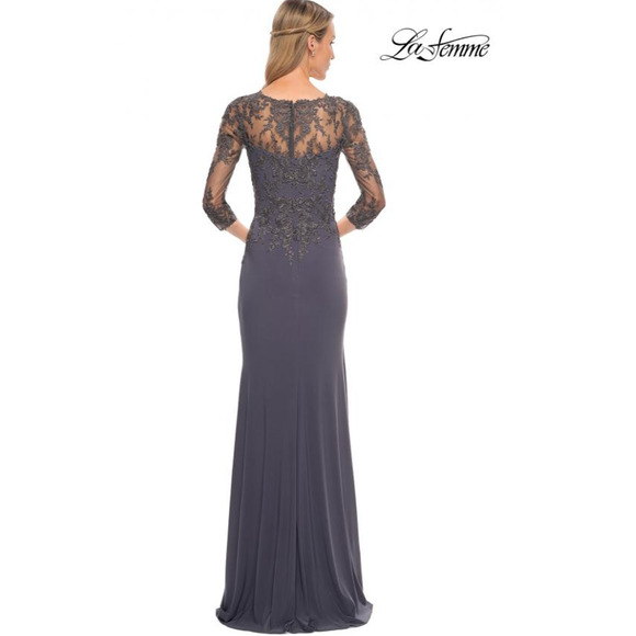 LA FEMME 30384 Ruched Twist Column Gown Size 12 Gunmetal Lace Net Jersey NWOT - Picture 2 of 12